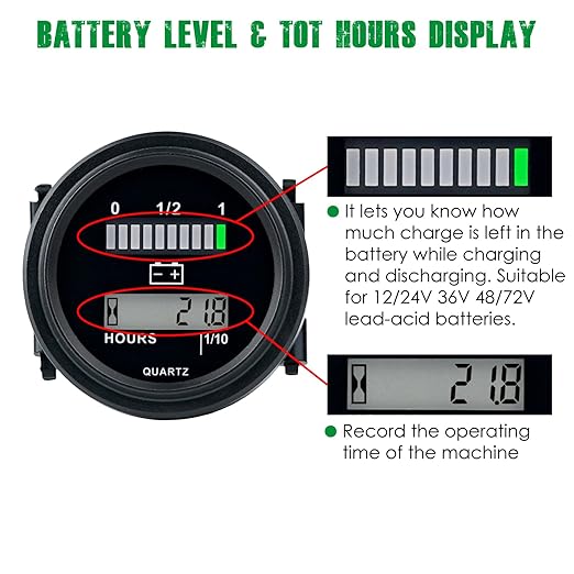 Yooreal 12/24V 36/48V 72V Golf Cart Battery Meter,Hour Meter&Battery Indicator Gauge Meter Lead-Acid Battery(Excluded Trojan),Charging Reminder,for Golf Cart Club Car RV Forklift Tractor ETC
