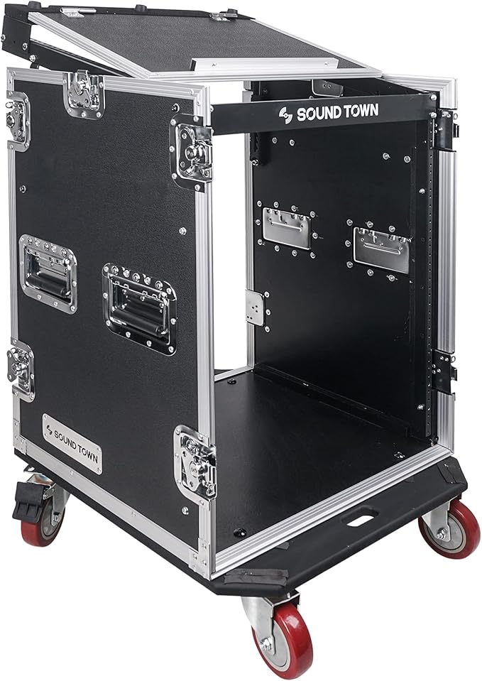 Sound Town Heavy-Duty 1/2" (12mm) 14U PA DJ Rack/Road Case with 11U Slant Mixer Top, 20’’ Rackable Depth and Casters, 14-Space ATA Case, Pro Tour Grade (STMR-14UW)