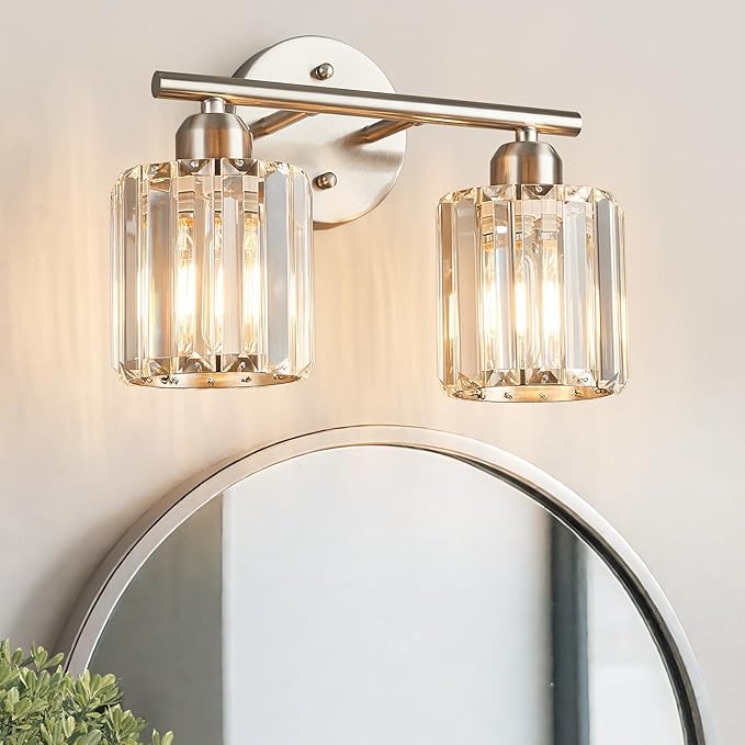 FDPBY Modern 2 Light Crystal Vanity Light, Brushed Nickel Vertical Bathroom Light Fixture Over Mirror for Dressing Table Sink, Compatible with Dimmable Bulbs (Bulbs Not Included)