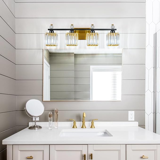 FDPBY Vanity Lights 4-Light Modern Crystal Vanity Light Black Gold Bathroom Light Fixtures Over Mirror Crystal Bathroom Vanity Lighting Fixtures