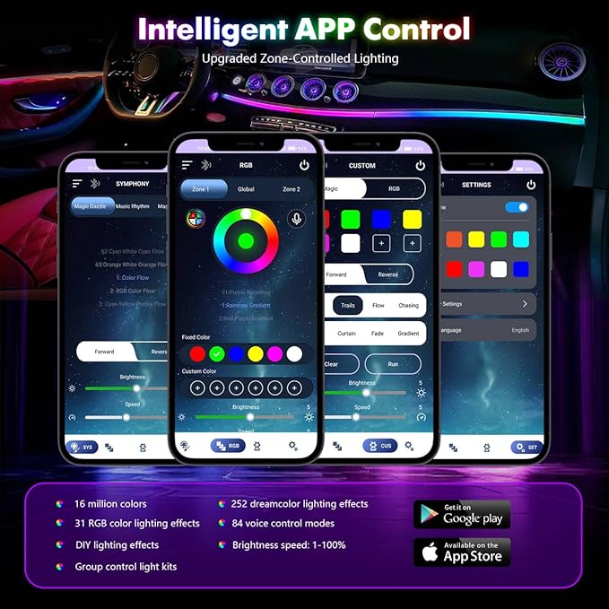 New Version Dreamcolor Acrylic Interior Car Lights 6 in 1 RGB LED Strip Lights with APP Control Zoned Control System 252 Color Modes DIY Fiber Optic Ambient Lighting Kits Music Car Neon Lights