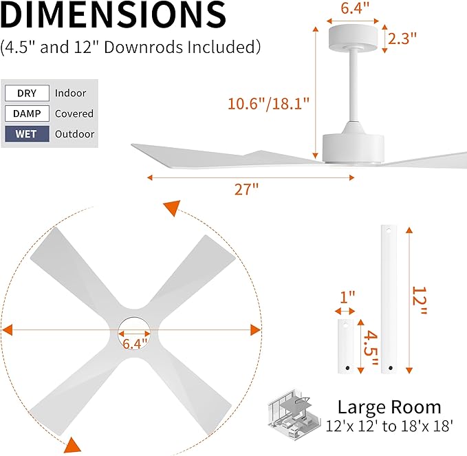 WINGBO 54" Wet Rated Outdoor Ceiling Fan with Lights, 4 ABS Plastic Blades, Reversible DC Motor, 6-Speed Remote Control, 3 CCT, Waterproof Ceiling Fan for Patio Porch Gazebo Garage, Gloss White