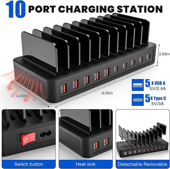 RISWOJOR Charging Station for Multiple Devices, 100W 10 Ports Charging Dock with 10 Cables Smart IC Tech and Adjustable Dividers Type-C，Multi USB Charger for iPhone Galaxy iPad Tablet，Black