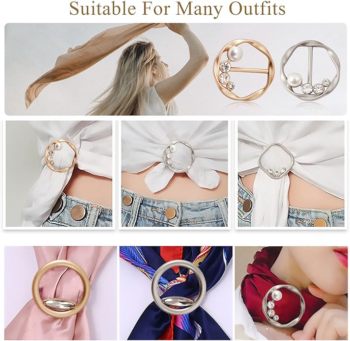 T-Shirt Clips 9 PCS, Clothes Corner Knotted Button, Fashion Alloy Pearl Rhinestone Circle Clip Buckle Round Shirt Silk Scarf