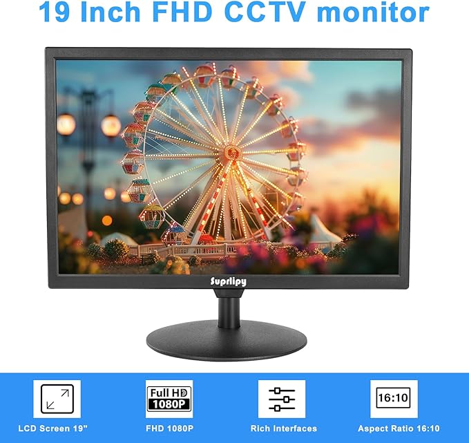 Suprlipy 19 inch FHD Small IPS Monitor LCD Display Screen 1440x900 60Hz 16:10 with HDMI BNC VGA AV USB Input Built-in Lounspeakers for CCTV Security Camera DVR PC RasPi