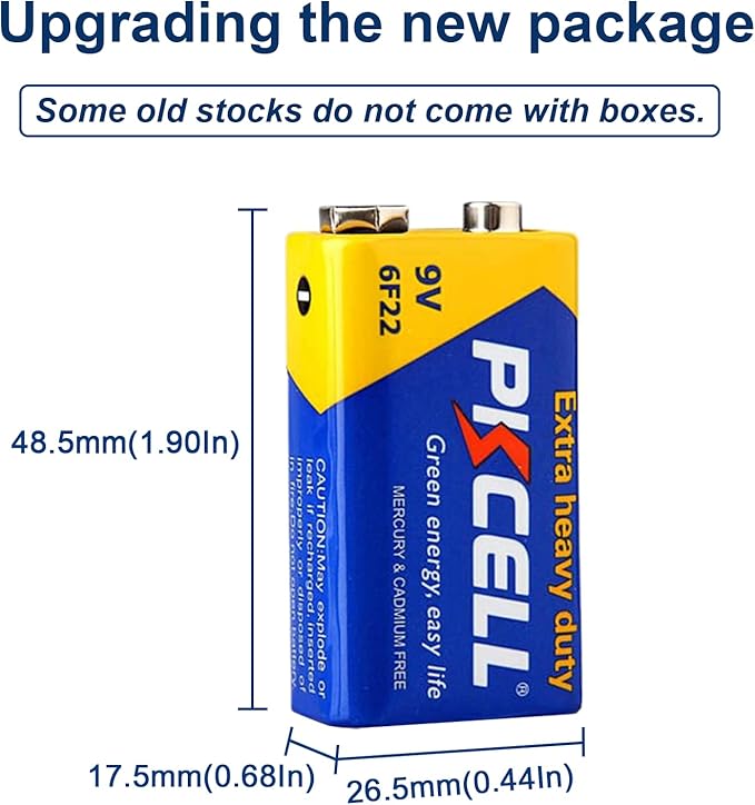 PKCELL 9V Batteries, 10 Pack 9 Volt Batteries Carbon Zinc, 9V Battery for Smoke Detector, Alarms, 6F22 Square Battery