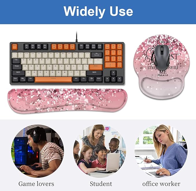 Keyboard Wrist Rest + Mouse Pad Wrist Support Set with Coasters, Non-Slip PU Base Ergonomic Mousepad for Home Office Working Studying Easy Typing & Pain Relief, Pink Background Bible Verse Phil 4-13