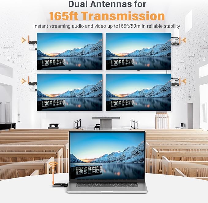 Wireless HDMI Transmitter and 2 Receivers, Support Up to 6 Receivers, 5.8G WELUSOPU HDMI Wireless Extender Casting Content for PC Laptop Camera Cable Box to Multiple TVs Monitors Projectors -165FT