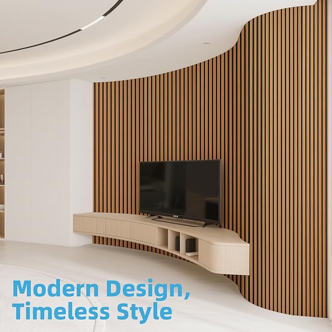 Art3d 1-Pack Acoustic Wood Slat Wall Panel with Roll-Flat Design - 95.3 x 23.8 Inch Sound Absorbing Panels for Living Room Columns Corridor Curved Wall Decor, Teak