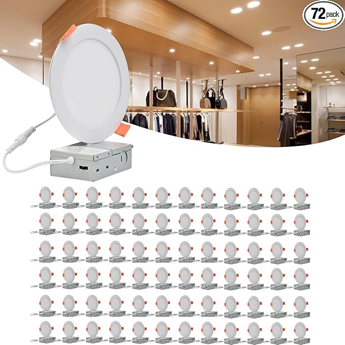 MKUJOO 72 Pack 4 Inch Ultra-Thin LED Recessed Ceiling Light with Junction Box,Panel Light,Daylight, 9.5W,2700K/3000K/3500K/4000K/5000K Selectable Dimmable Downlight ETL&FCC&CE Energy Star Certified