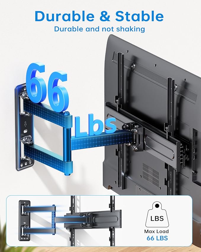 Full Motion TV Wall Mount for Most 32-55 inch TVs up to 66 lbs, Rotation, Swivel, Tilt Articulating Wall Mount Bracket with Magnetic Level and Cable Storage for Corner Living Room Max VESA 400x400mm