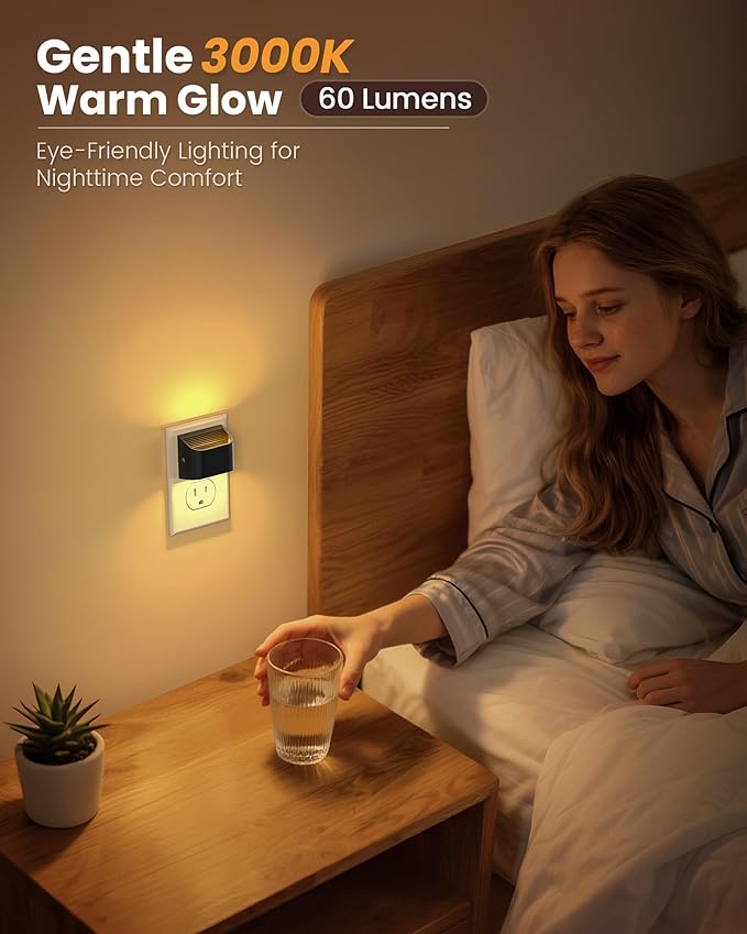 NIORSUN Night Lights Plug Into Wall, Auto Brightness Sensor Night Light, 3000K Warm White, Ultra-Slim Wall Light for Hallway Bathroom Bedroom Stairs, Black, 8 Pack