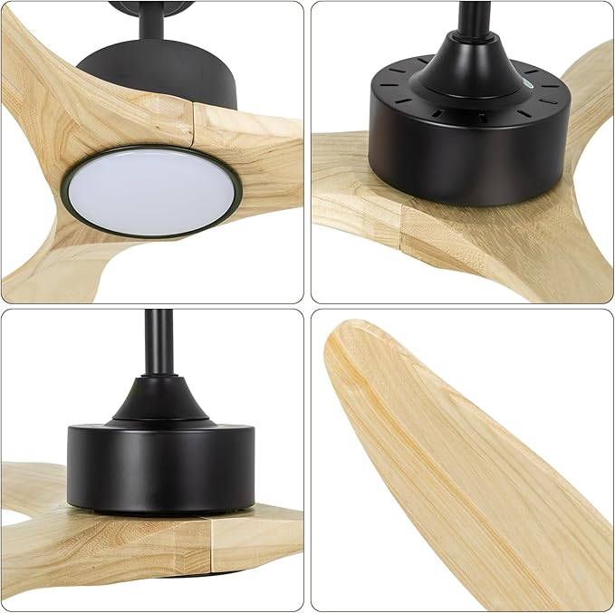 Revoici 52 inch Ceiling Fans with Lights and Remote, 3 Natural Wood Blades, Modern Indoor/Outdoor Ceiling Fan for Living Room Bedroom Farmhouse Patio, 6 Speeds, Dimmable, Noiseless Reversible DC Motor