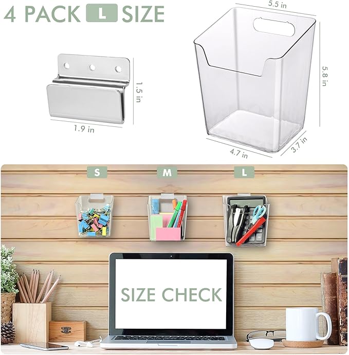 Clear Slatwall Bins, 4 Pack Slat Wall Accessories Cups Hooks Assemble Set Fit Most Slat Board Storage Systems Transparent Display Hanging Holder Organizers for Garage Shed Office Craft Tool (Large)