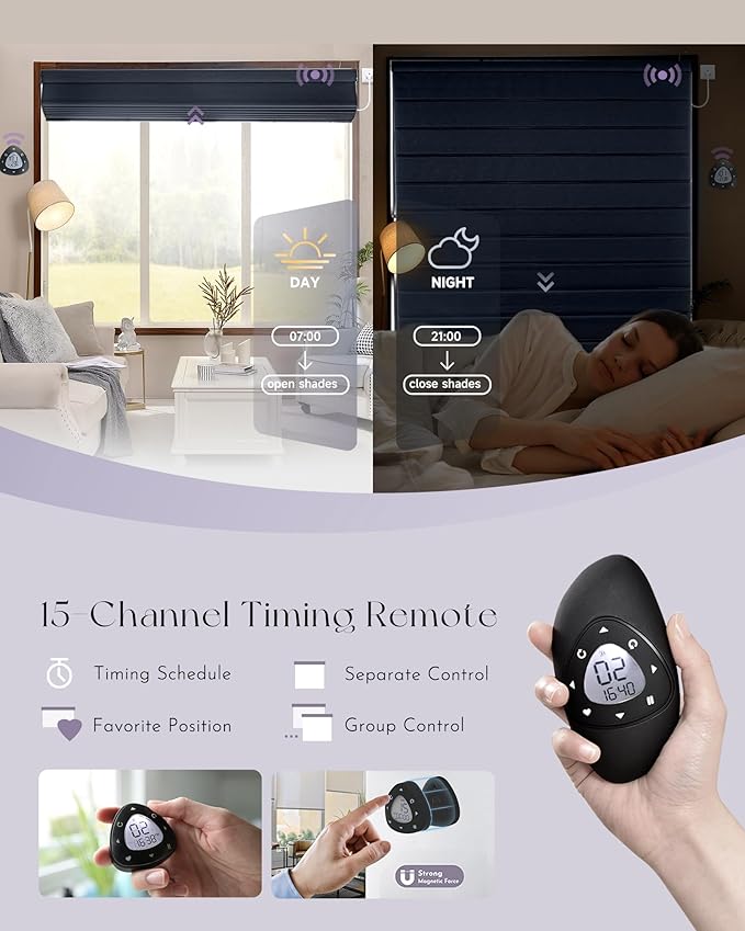 Graywind Smart Roman Shades Compatible with Alexa Google WiFi Hardwired Automatic Blinds with Remote Blackout Plain Fold Soft Roman Window Shades for Windows Doors, Custom Size (Flowline Midnight)