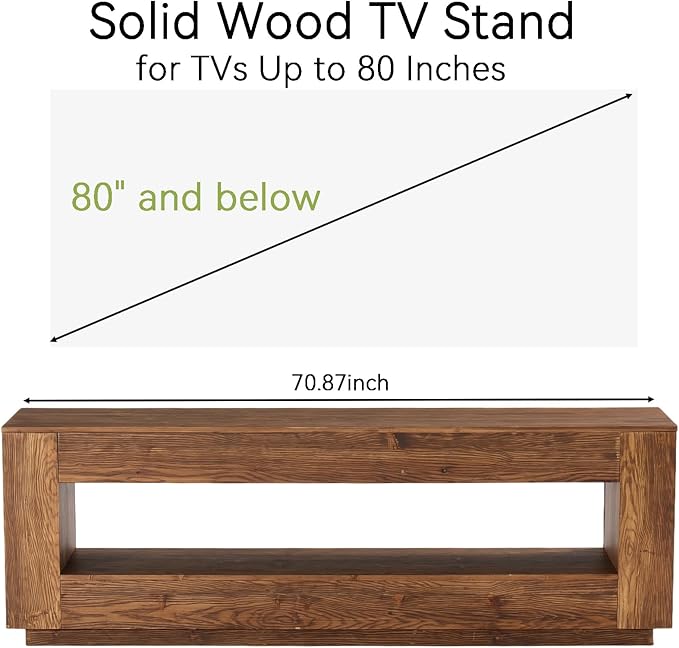 LITTLE TREE 70.86-in Extra Long Solid Wood TV Stand for 55/65/75/80 inch TV, 2-Tier Entertainment Center, Media Console Table with Storage Shelf, TV Stands for Living Room, Bedroom, Chestnut
