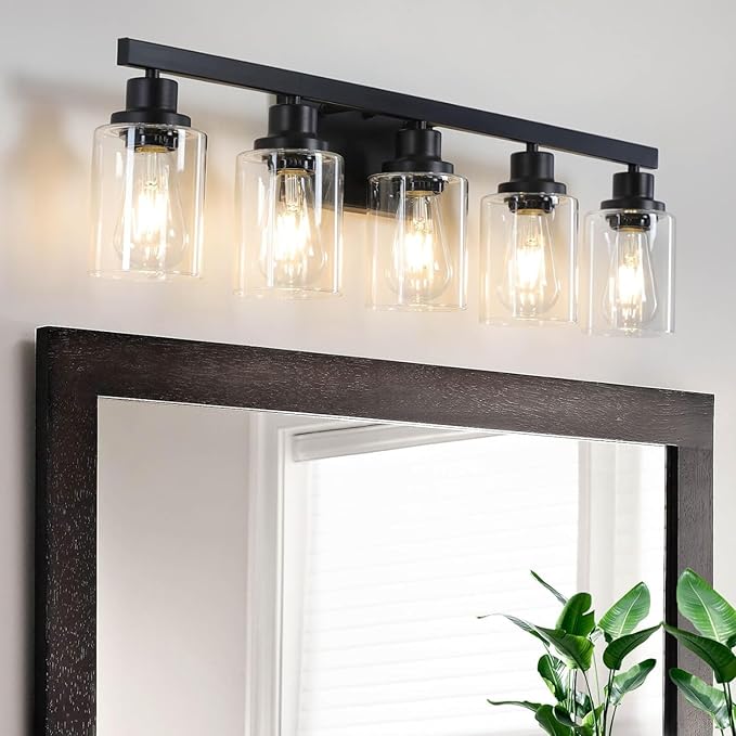 DIKAIDA 5-Light Black Bathroom Vanity Light, Modern Vanity Lighting Fixture for Bathroom, 31" Matte Light Fixture, Wall Sconces with Clear Glass Shade, Black Bathroom Wall Light Over Mirror