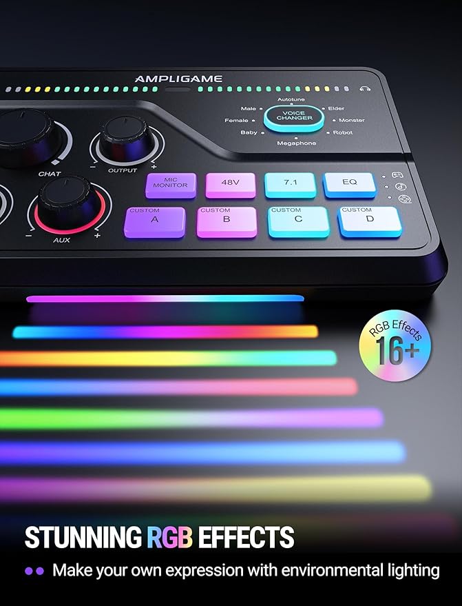 Fifine Gaming Mixer for Voice Chat and Streaming- 7.1ch Surround Sound Headphone Amp-XLR Preamp-USB Plug & Play-Voice Changer-RGB-Volume Control-3 EQ Modes Ampligame SC8
