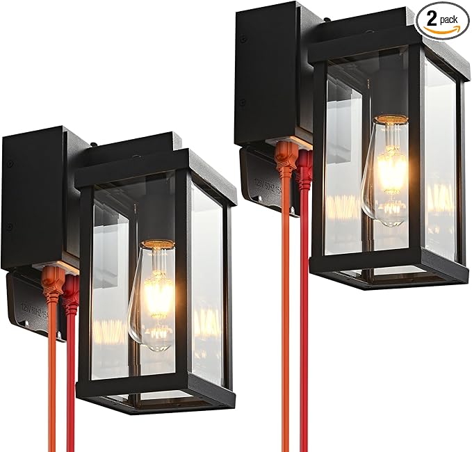 JOKAONOTL Dusk to Dawn Porch Lights with GFCI Outlets Waterproof Outdoor Wall Lights Exterior Lighting Fixtures Modern Outside Lights Wall Mount for House Patio Garage,Black,11.8''H, 2 PC