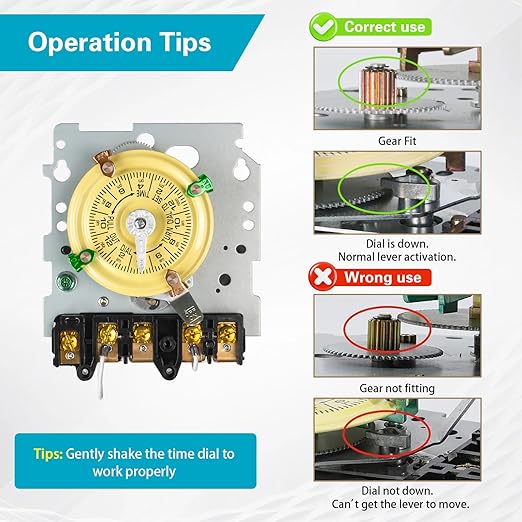 T104 Electromechanical Timer Switch for Lights, Fans, HVAC, 208-277 VAC 40A DPST, 5HP, 12 ON/Off Cycles, Tripper Included – Heavy Duty Pool Timer