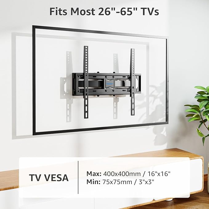 MOUNTUP UL Listed TV Wall Mount, Full Motion TV Mount for Most 26-65 Inch Flat/Curved TVs Fit 16" Wood Stud, Wall Mount TVs Bracket with Dual Swivel Articulating Arm Max VESA 400x400mm up to 88 LBS