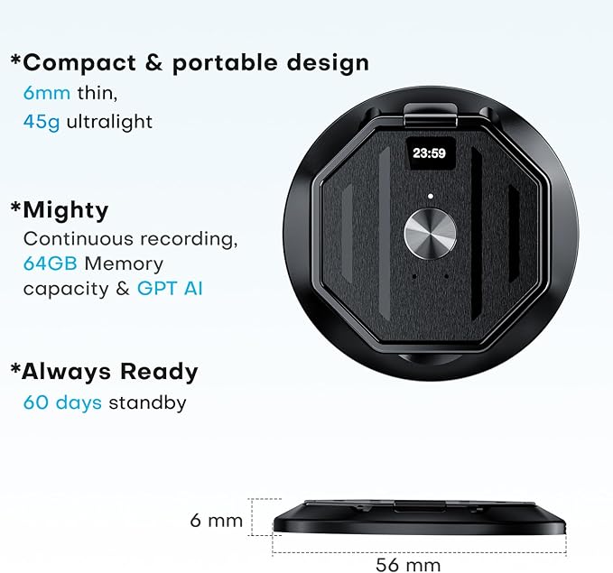 AI Voice Recorder, Transcribe & Summarise with AI Technology 64GB Memory Device Magnetic Phone Stand Offline/Online Translation Support 127 Languages for Lectures, Meetings, Calls, Travel