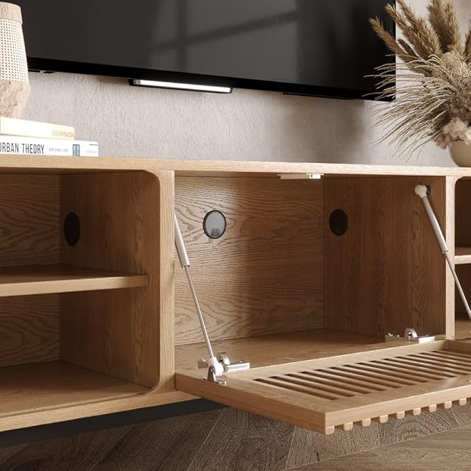 POVISON Fully-Assembled Mid Century Modern TV Stand for 75 inch TV, Sliding Door Entertainment Center with Storage, Wood TV Console, Media Console for Living Room Bedroom(Oak, 78.74")
