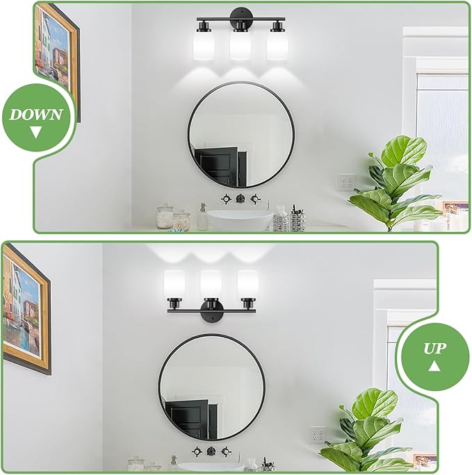 Guliaofo 3-Light Bathroom Light Fixtures, Black Vanity Lights for Mirror with Textured Milky White Glass Shade, E26 Base Modern Kitchen Light Fixtures Wall Sconce Light