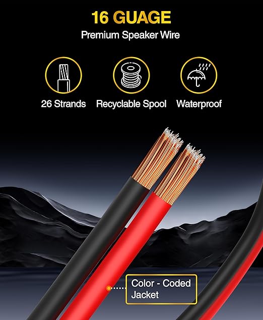 BlueRigger 16 Gauge Speaker Wire (50FT, 16 AWG, Speaker Cable, CCA, HiFi Stereo, Polarity Identification) - Car Audio Wire for Home Theater, Surround Sound Systems, Automotive Amps, Banana Plugs