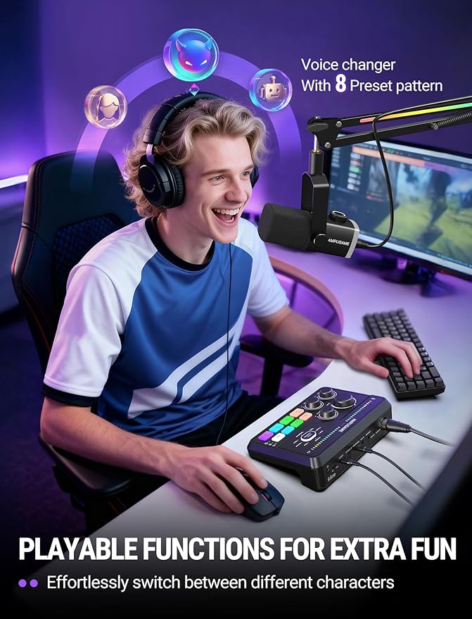 Fifine Gaming Mixer for Voice Chat and Streaming- 7.1ch Surround Sound Headphone Amp-XLR Preamp-USB Plug & Play-Voice Changer-RGB-Volume Control-3 EQ Modes Ampligame SC8