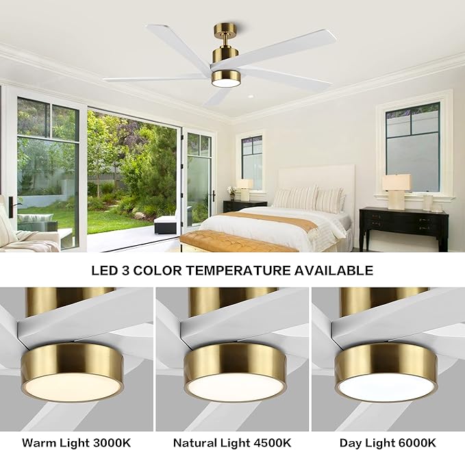 WINGBO 54 Inch DC Ceiling Fan with Lights and Remote Control, 5 Reversible Carved Wood Blades, 6-Speed DC Motor, Modern Ceiling Fan in Brass Finish with White Blades, ETL Listed