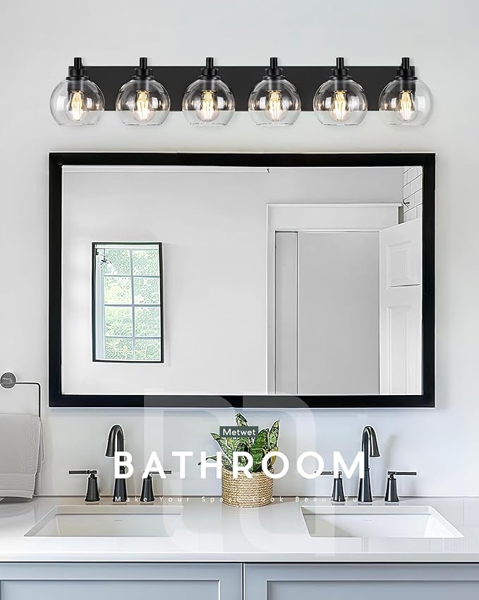 METWET Bathroom Light Fixtures, 6 Light Matte Black Vanity Light, 38 Inch Modern Wall Sconces with Globe Clear Glass Shade, Vanity Lighting Fixtures Over Mirror, VL195-MB-6
