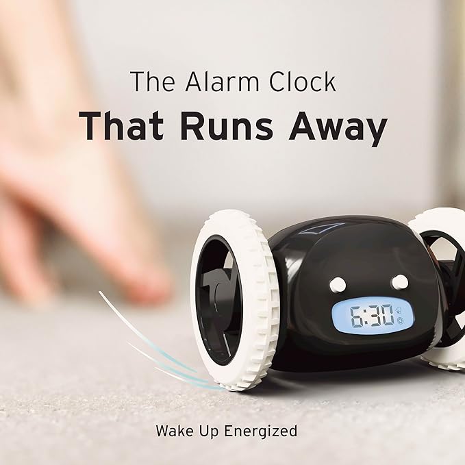 CLOCKY Extra Loud Alarm Clock for Heavy Sleepers on Wheels Rolls Runs Away Vibrating, Easy to Set Super Smart Snooze Digital Bed Shaker Alarm Clock Funny Gift for Adults Kids Teens Bedrooms (Black)