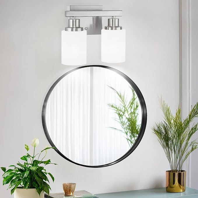 DIKAIDA Bathroom Light Fixtures Over Mirror, 2-Light Modern Nickel Vanity Lights with White Glass Shade, Bathroom Wall Lamp Sconces for Mirror Bedroom, Living Room Hallway Small Space