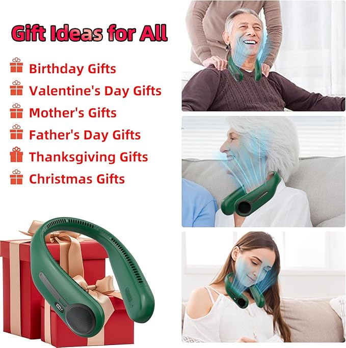 Kinhowly Portable Neck Fan,Hands Free Personal Wearable Bladeless Fan,6000mAh USB Rechargeable,360° Cooling,LED Display,4-Speeds,Birthday Gifts for Men Women Dad Mom,Valentines Day Gifts (Dark green)