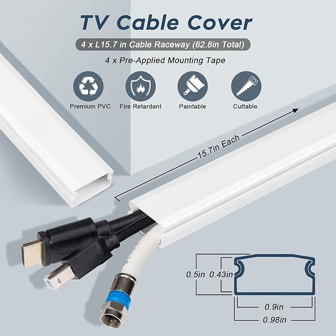 YCLYC 62.8in Cable Cover Wall, Beige Wire Cover for Wall, Paintable Cord Cover Wall Kit, Cord Hiders for TV on Wall, Hide Cords Wall Mounted TV - Cord Concealer Cable Channel 4xL15.7in W0.98in H0.5in
