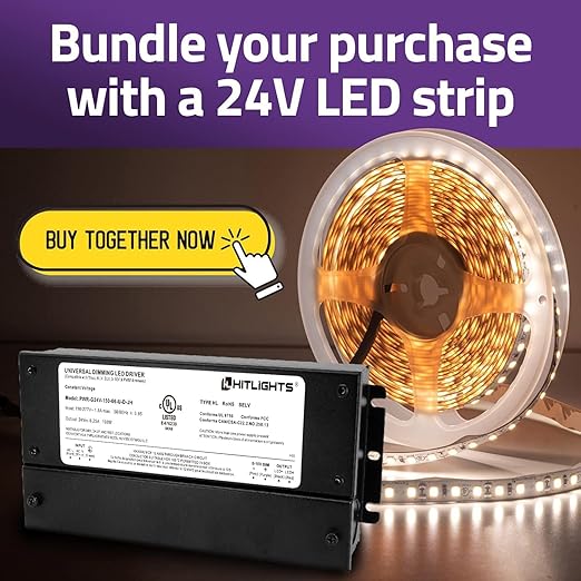 HitLights 150W Dimmable LED Driver, Electronic Transformer, 120V AC to 24V DC Power Supply for LED Strip Light, IP66 Rated, Dimming with TRIAC, 0-10V, 1-10V, Potentiometer, 10V PWM, UL Listed, Class 2