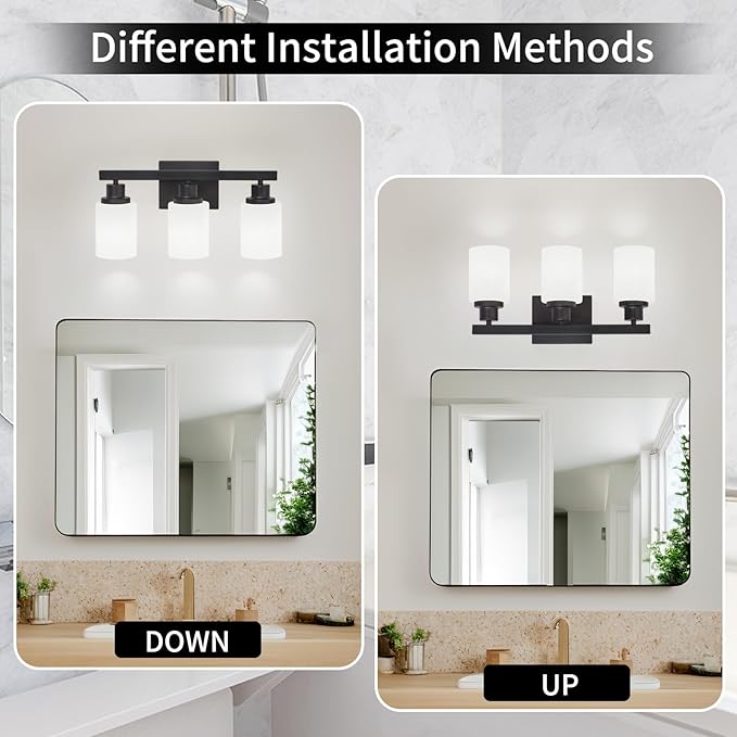 DIKAIDA 3-Light Bathroom Light Fixtures Over Mirror, Modern Matte Black Vanity Lights with White Frosted Glass Shade, Bathroom Wall Lamp Sconces for Mirror Bedroom, Living Room Hallway