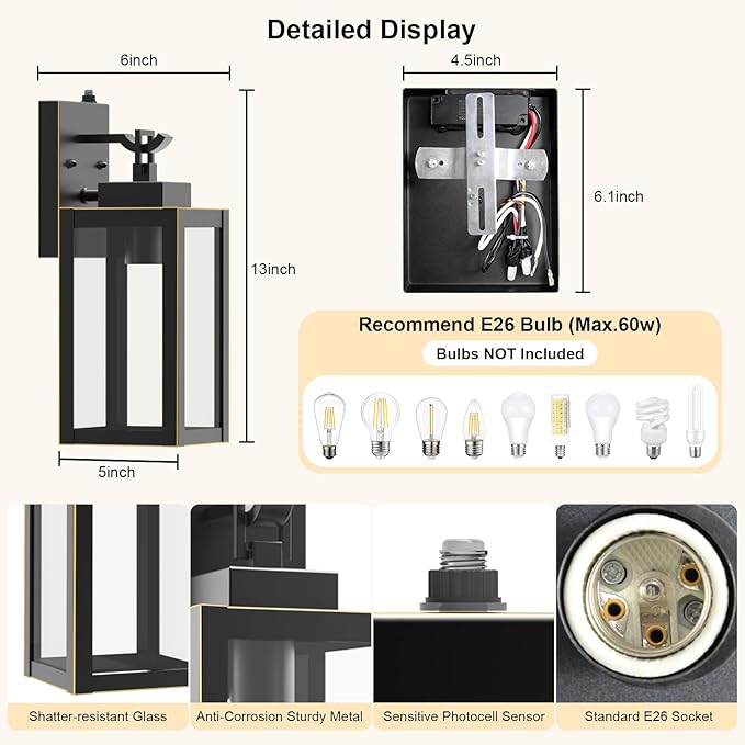 LTBLIGHT Dusk to Dawn Outdoor Front Porch Light, Vintage Black-Gold Exterior Security Lighting Fixtures, Waterproof Wall Lanterns for Home, Entry, Backyard, Patio, 100-120Vac