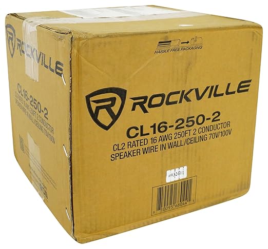 Rockville CL16-250-2 16 AWG 250ft Speaker Wire, CL2 Rated, 100% OFC Copper, 70V/100V/8 Ohm, In-Wall/Ceiling, Color-Coded Conductors, High Temp Resistance, for Home Theater and Commercial Audio