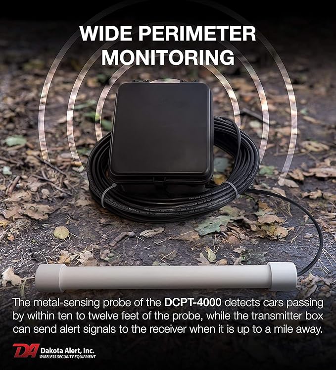Dakota Alert Driveway Alarm Sensor - DCPA-4k Plus Driveway Alarms Wireless Outside Weatherproof Alert System, 1-Mile-Long Range Sensors, Receiver & Vehicle Detecting Probe Transmitter & 50' Wire