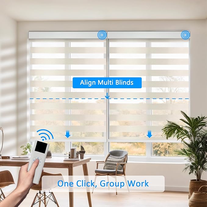 COOLWINDS Motorized Zebra Blinds for Windows Cordless Electric Curtains with Remote Control Blackout Shades Custom Smart Blinds Compatible with Alexa Google Home(Light Filtering Beige,W32 X 72in)
