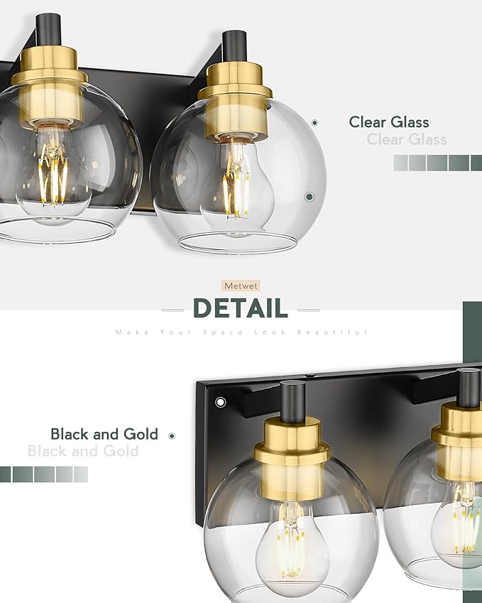 METWET Bathroom Light Fixtures, 4-Light Black and Gold Bathroom Vanity Light, 26 Inch Modern Wall Sconces with Globe Clear Glass Shade, Vanity Lighting Fixtures Over Mirror, VL195-KG-4