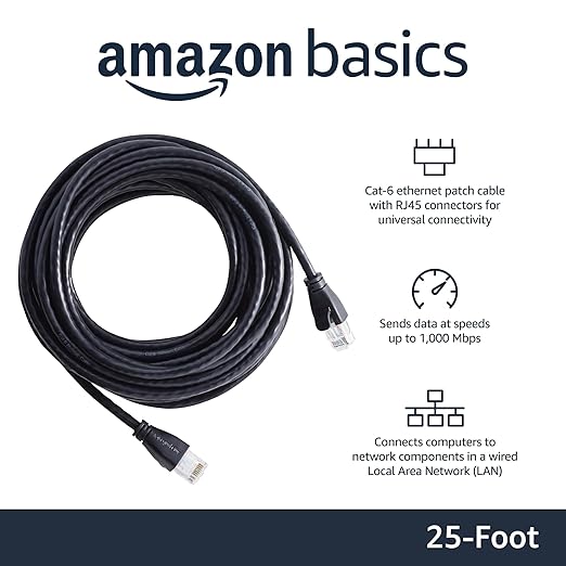 Amazon Basics RJ45 Cat 6 Ethernet Patch Cable, 1Gpbs Transfer Speed, Gold-Plated Connectors, 25 Foot - 10-Pack, Black