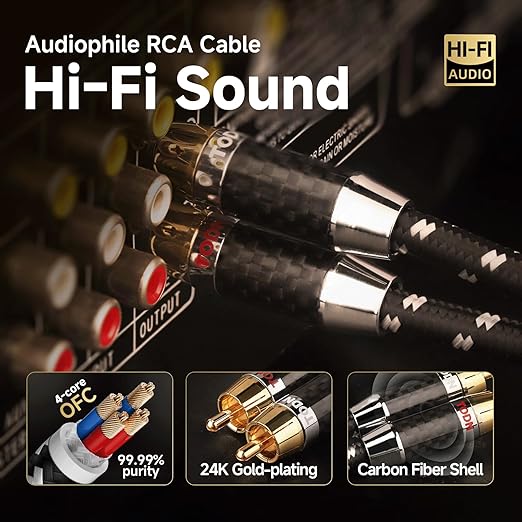 TODN High End OFC RCA Cables for Audiophile Shielded RCA Cable Car Audio Male to Male for Subwoofers, Amp, Home Stereo (4.9ft/1.5m, 1 Pair)