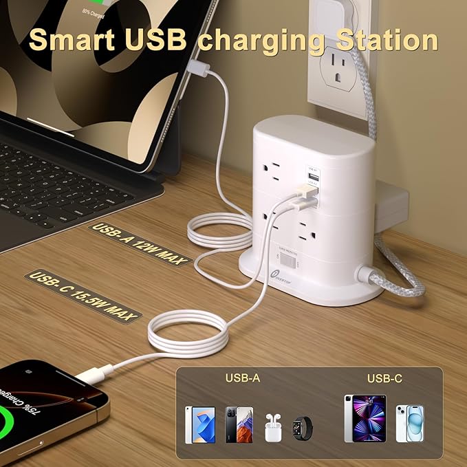 Overtop Tower Power Strip with Surge Protection, Nightlight Flat Plug Power Strip with 7 AC Outlets 3 USB Ports, 1625W/13A 1600J, 6.5Ft Extension Cord with Multiple Outlets, Office Supplies, Dorm