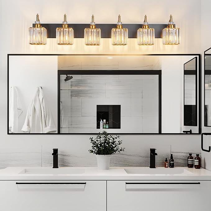BBLLWJ Modern Black Gold 6 Light Bathroom Vanity Light Crystal Bathroom Light Fixtures Over Mirror
