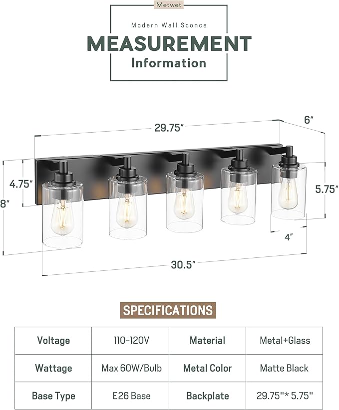 METWET 5-Light Bathroom Light Fixtures, 30 Inch Black Vanity Light with Cylinder Clear Glass Shade, Modern Vanity Lighting Fixtures Over Mirror, VL143-MB-5