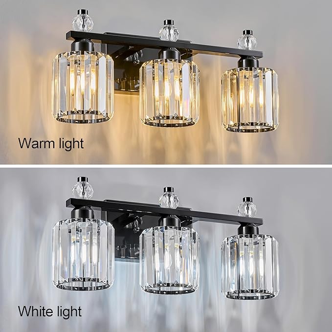 FDPBY Bathroom Vanity Lights 3-Light Plating Black Modern Crystal Vanity Light Fixtures Over Mirror Crystal Bathroom Vanity Lighting Fixtures