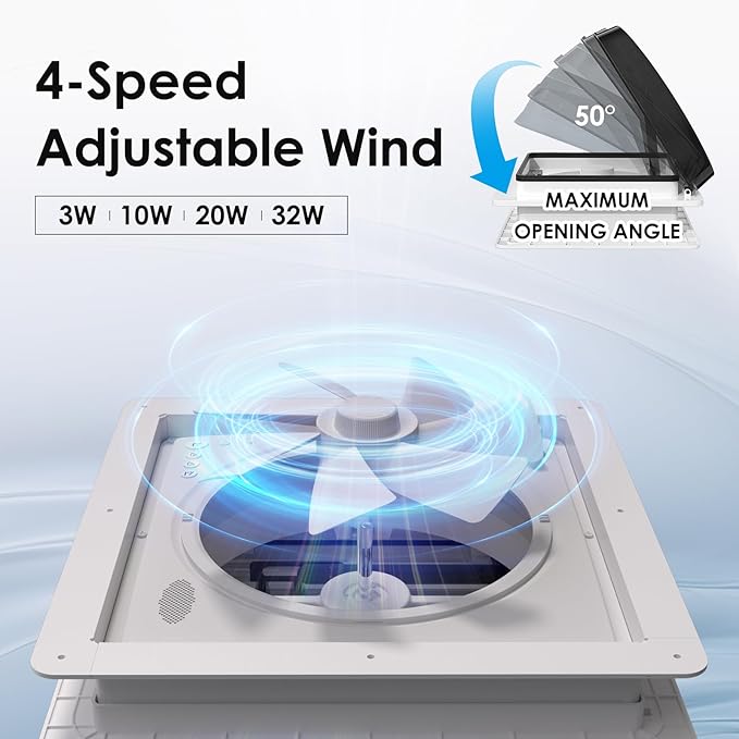 2012 14" RV Roof Vent Fan with Voice Control & 4-Color LED Light, Air Max Ultra Quiet 12V - 24V Smart Reversible Exhaust Fan with Remote and Rain Sensor for Camper, Trailer, Van, Motorhome Ventilation